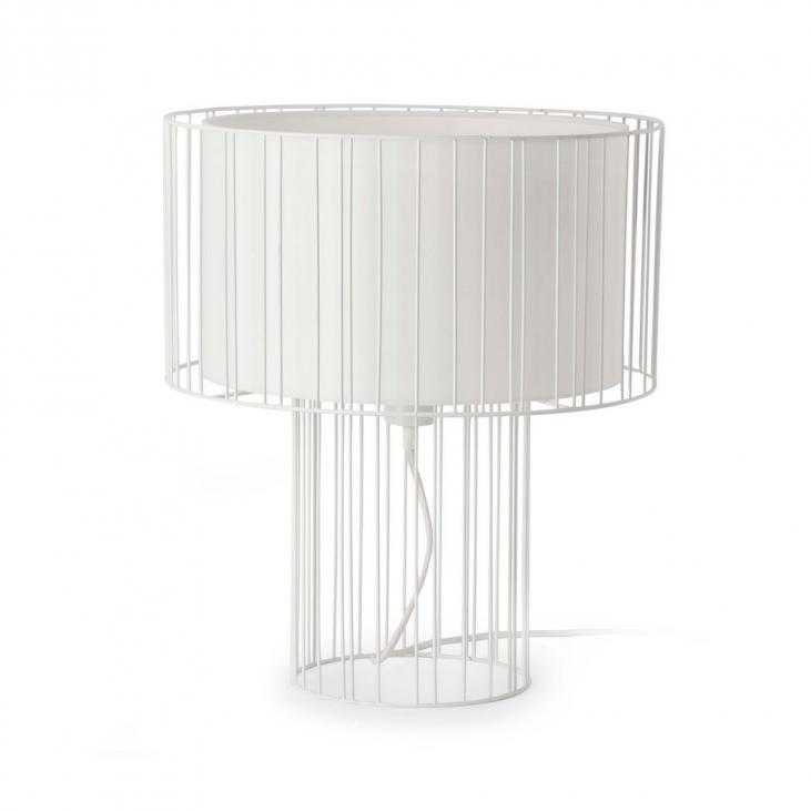 Lampe de table moderne en métal blanc collection LINDA avec abat jour en tissu blanc (FARO 29307)