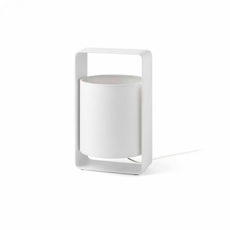 Lampe de table design blanche collection LULA avec abat jour en tissu blanc (FARO 28380)